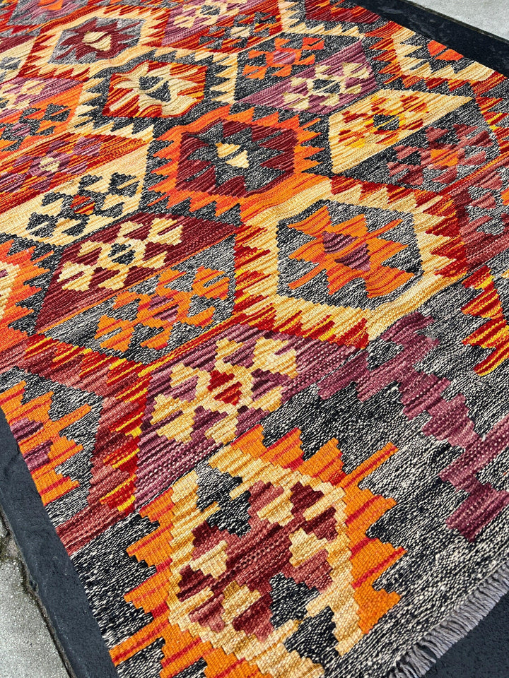 4x7 (120x215) Handmade Afghan Kilim Rug | Grey Burnt Fire Orange Wine Red Golden Yellow Eggplant Purple | Flatweave Persian Oriental Wool