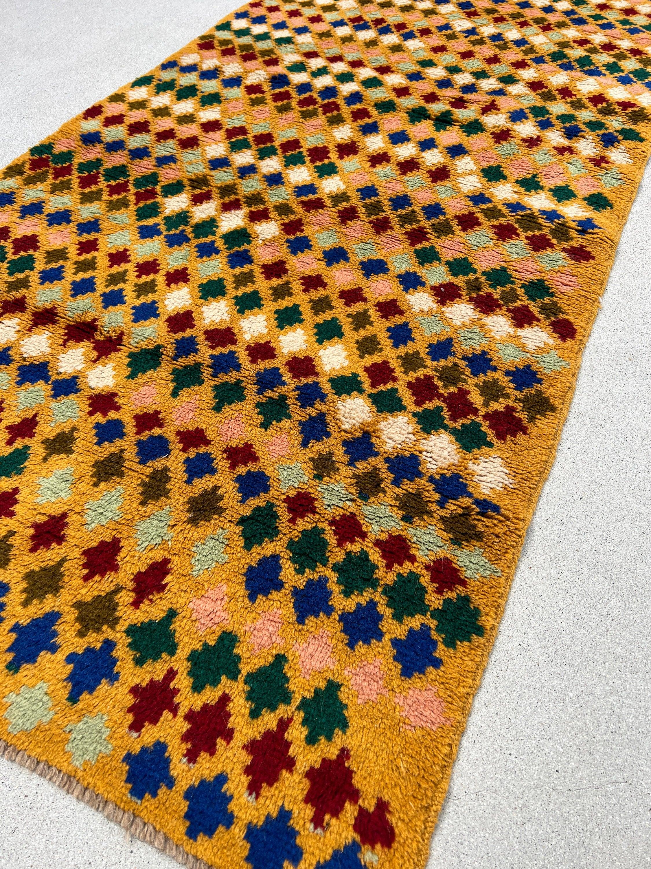 3x10 Handmade Vintage Baluch Afghan Runner Rug | Mustard Caramel Golden Red Ivory Royal Blue Pine Green Peach Tribal Oriental Boho Geometric