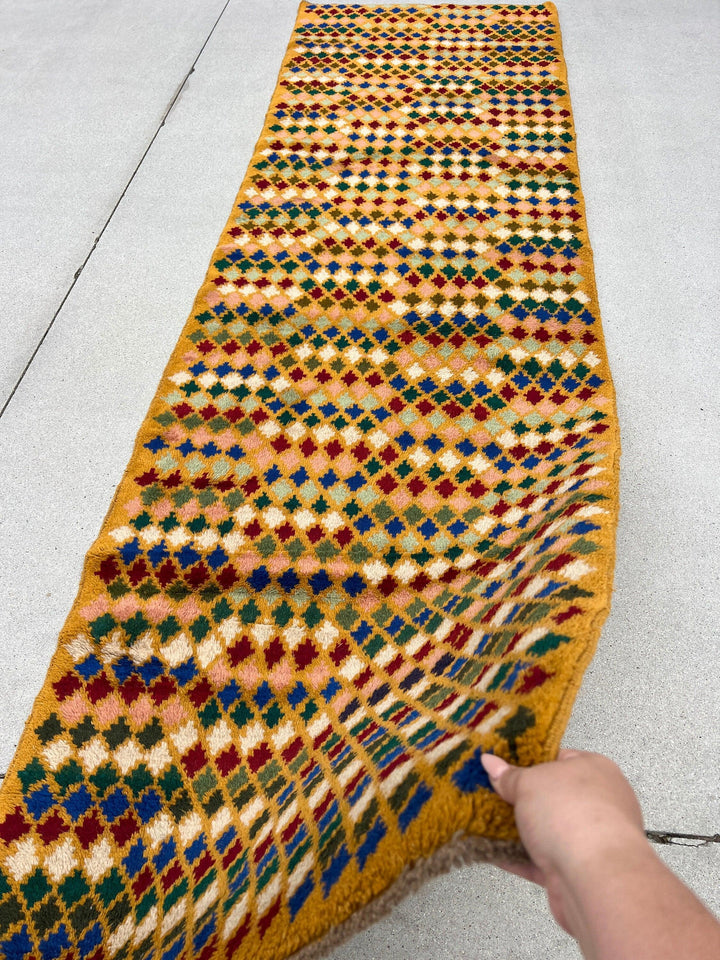 3x10 Handmade Vintage Baluch Afghan Runner Rug | Mustard Caramel Golden Red Ivory Royal Blue Pine Green Peach Tribal Oriental Boho Geometric