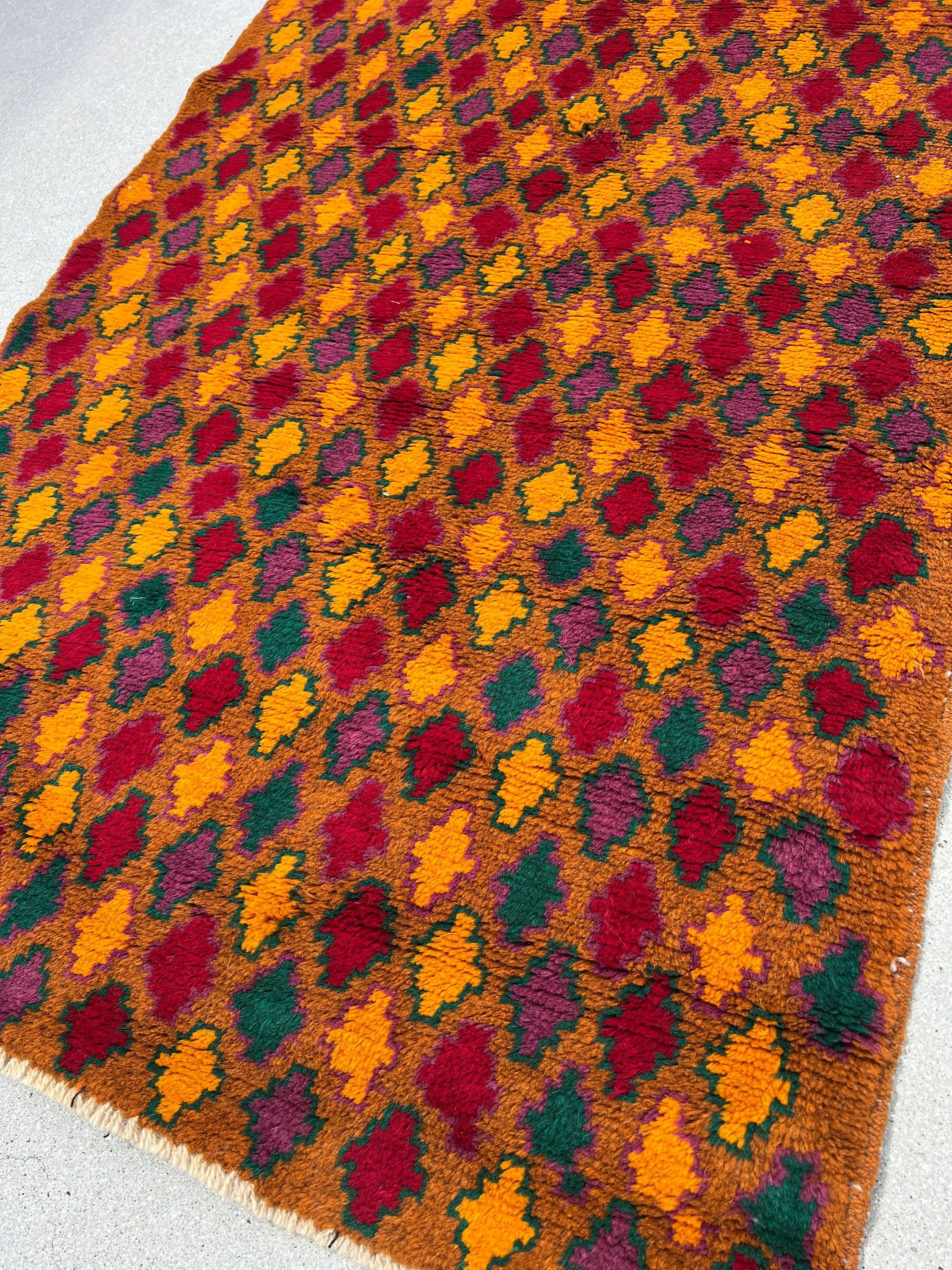 3x9 Handmade Vintage Baluch Afghan Runner Rug | Rust Orange Mustard Yellow Purple Pine Green Crimson Red Pink Tribal Oriental Boho Geometric