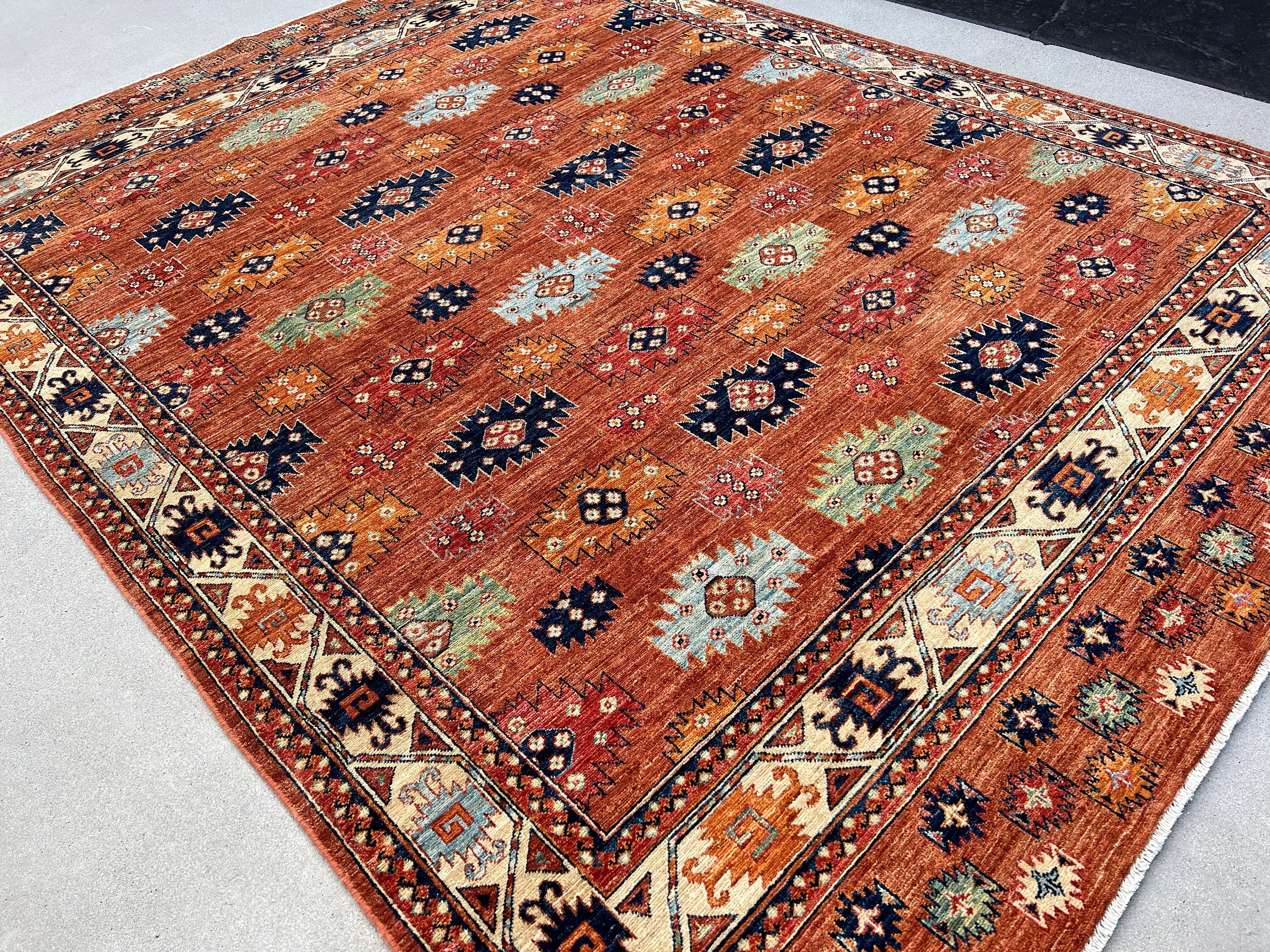 Made to Order 8x10 (245x305) Handmade Afghan Rug | Caramel Brown Pistachio Sage Green Navy Sky Baby Blue Ivory Cream Burnt Orange | Knotted