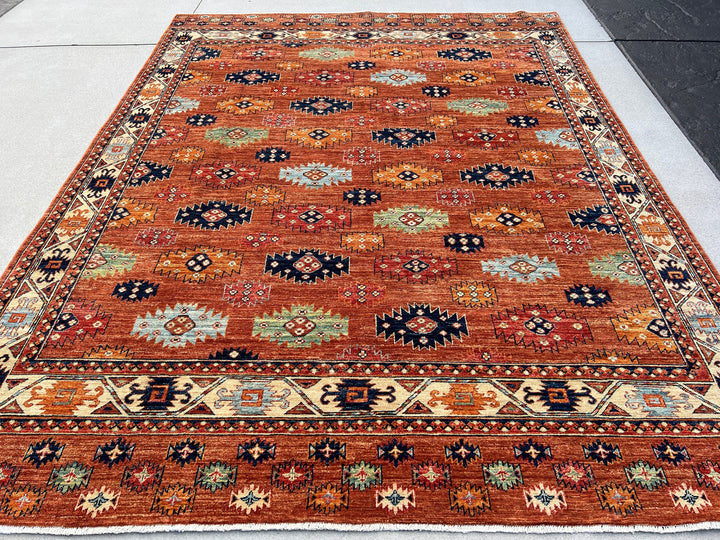 Made to Order 8x10 (245x305) Handmade Afghan Rug | Caramel Brown Pistachio Sage Green Navy Sky Baby Blue Ivory Cream Burnt Orange | Knotted