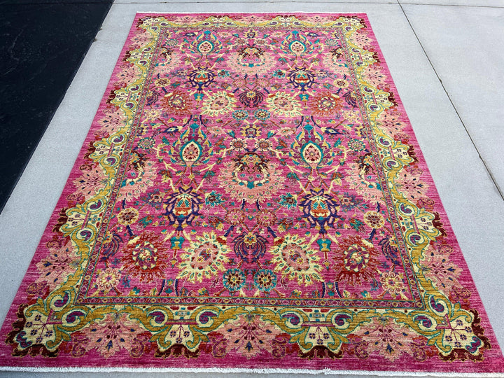 6x9 (183x274) Handmade Afghan Rug | Fuchsia Magenta Salmon Pink Gold Mustard Cornsilk Yellow Purple Maroon Red Orange Teal | Wool Mamluk