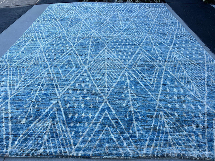 10x14 (305x400) Handmade Afghan Moroccan Rug Runner | Denim Baby Blue Cream Beige Ivory Teal | Berber Beni Ourain Mrirt Boujad Plush