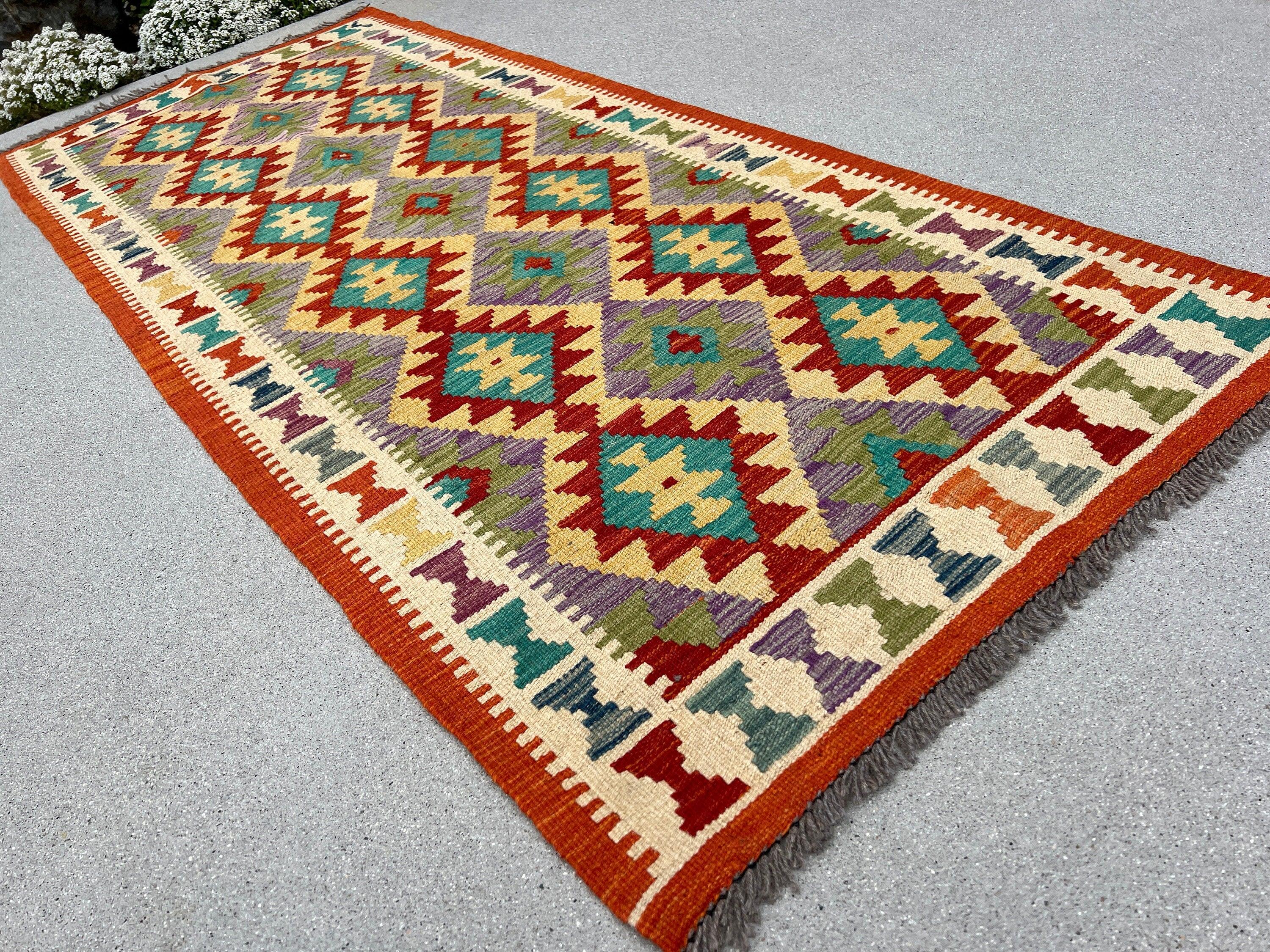 3x7 (100x200) Handmade Afghan Kilim Runner Rug | Burnt Orange Beige Crimson Red Purple Olive Green Teal Cornsilk | Flatweave Persian Wool