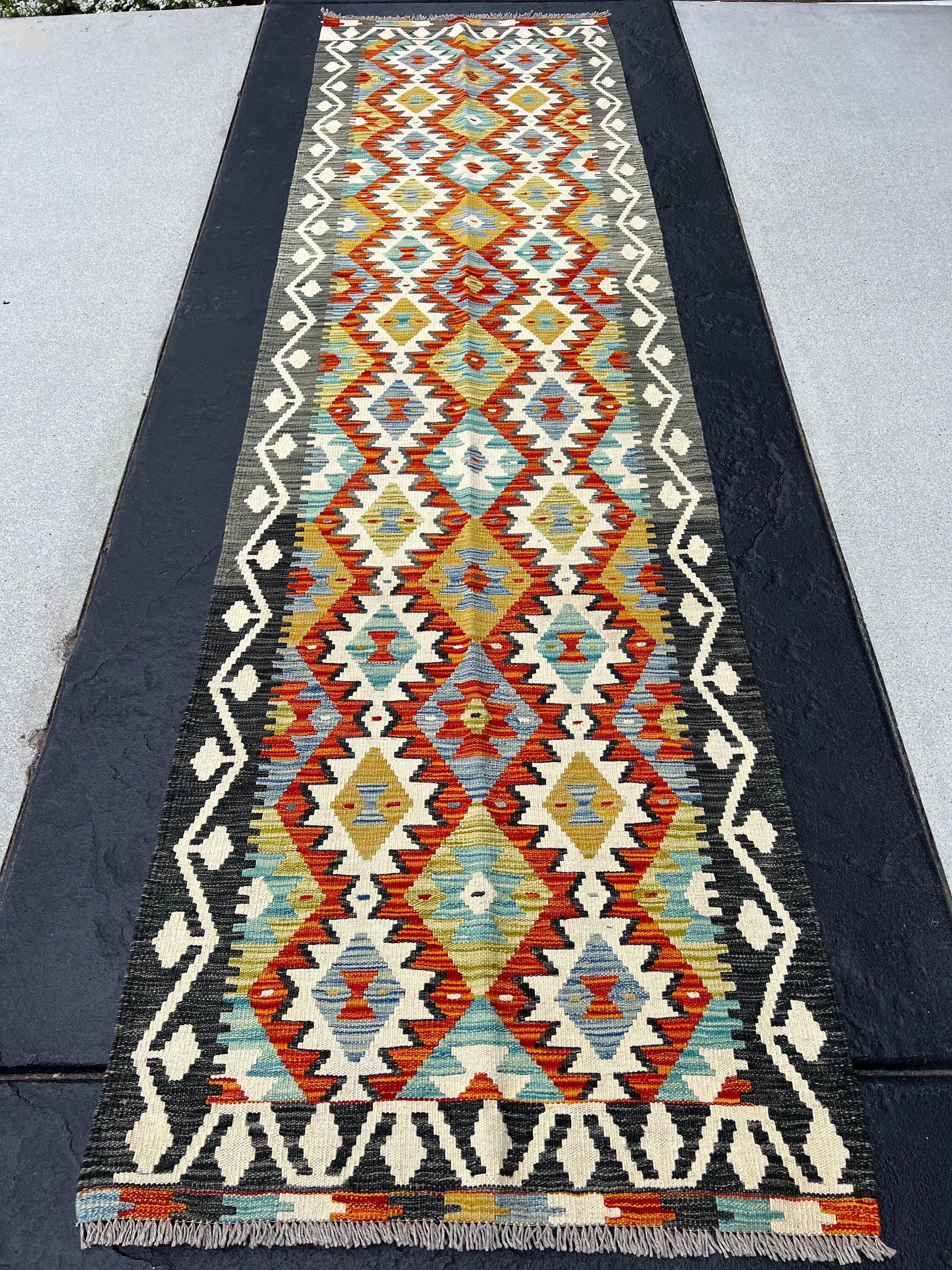 3x10 Handmade Afghan Kilim Runner Rug | Charcoal Grey Burnt Rust Orange Teal Denim Blue Cream Ivory Olive Moss Green | Flatweave Outdoor