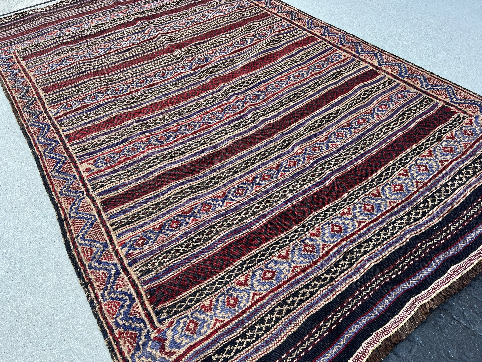 4x7 (120x215) Handmade Afghan Kilim Rug | Crimson Blood Red Navy Midnight Denim Blue Black Cream Beige | Persian Turkish Oushak Wool
