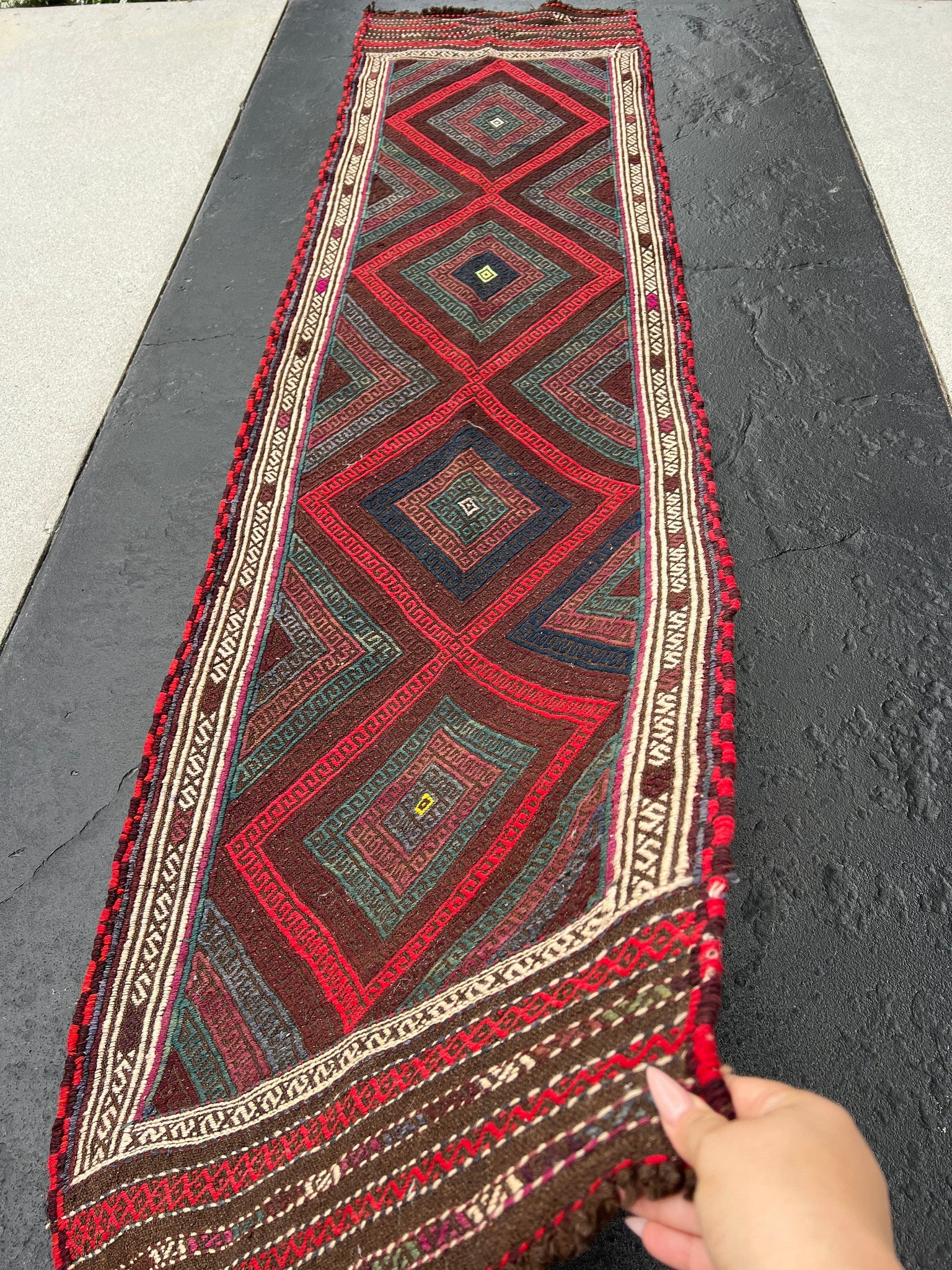 2x9 (60x275) Handmade Afghan Kilim Runner Rug | Chocolate Brown Midnight Blue Crimson Blood Red Yellow Cream Beige | Oushak Flatweave Wool