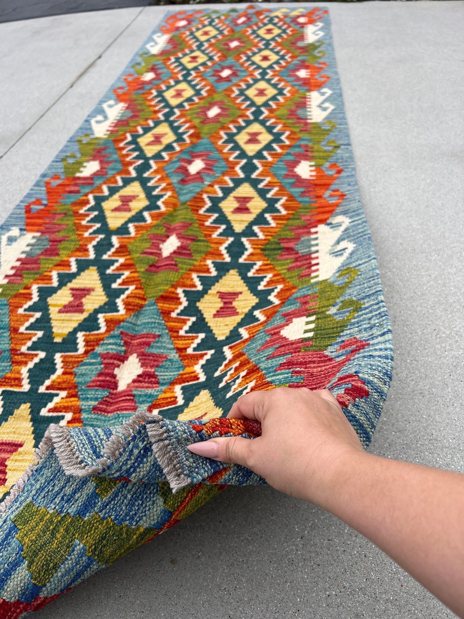 3x10 (90x305) Handmade Afghan Kilim Runner Rug | Denim Blue Ivory Olive Green Teal Mustard Yellow Purple Burnt Orange | Persian Oushak Wool