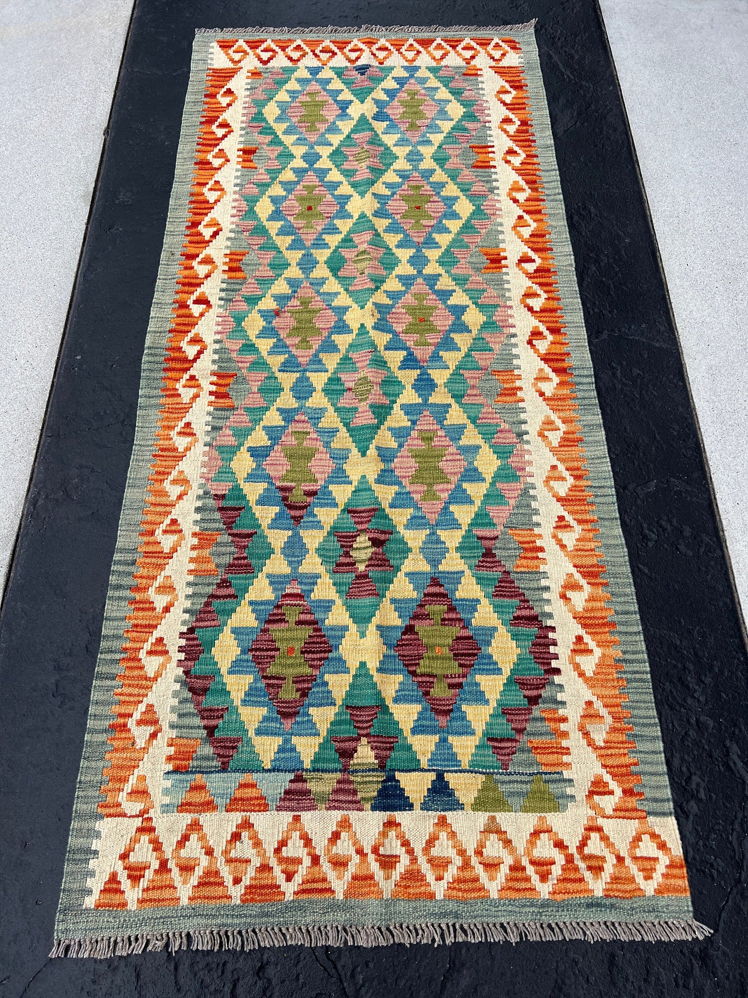 3x7 (100x200) Handmade Afghan Kilim Runner Rug | Sage Grey Burnt Orange Denim Blue Teal Cornsilk Cream Beige Purple Pink | Wool