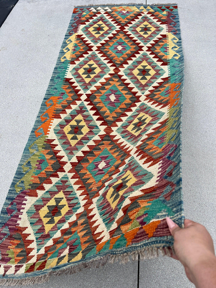 3x7 (100x200) Handmade Afghan Kilim Runner Rug | Denim Blue Cream Beige Charcoal Grey Teal Burnt Orange Cornsilk Purple Olive Maroon | Wool