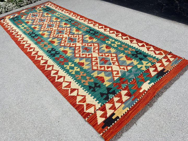 3x7 (100x200) Handmade Afghan Kilim Runner Rug | Burnt Orange Cream Beige Teal Cornsilk Mustard Yellow Black Chocolate Brown | Wool