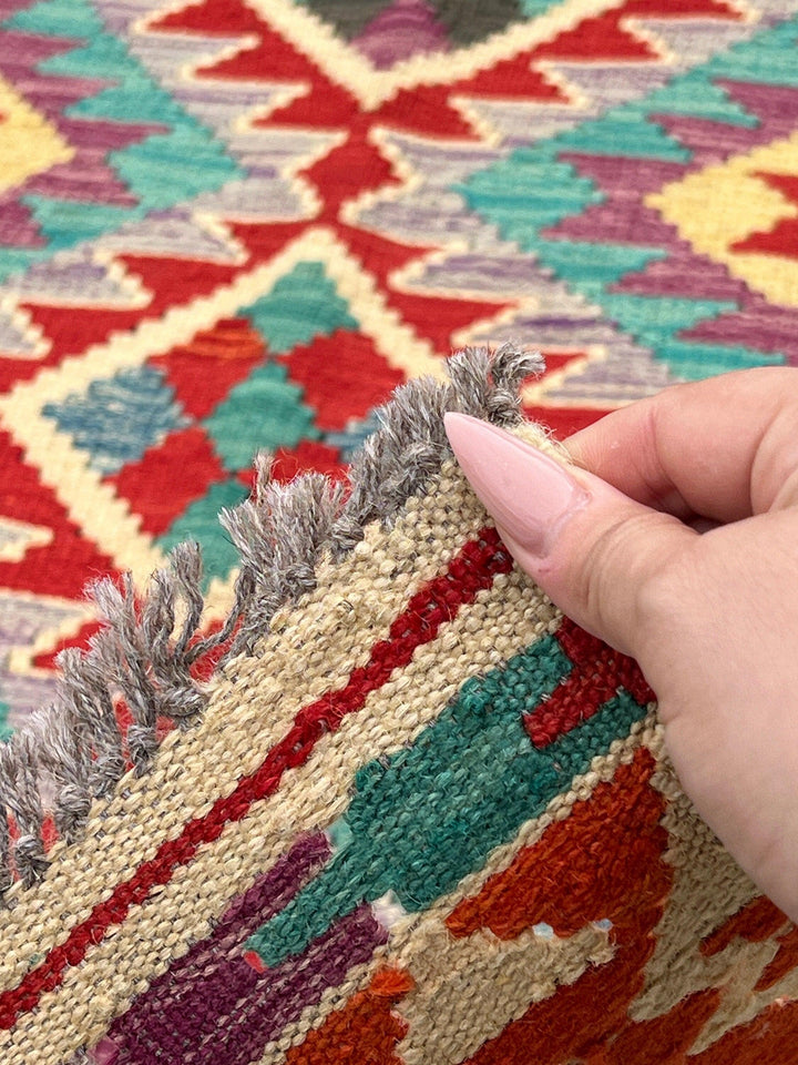 3x7 (100x200) Handmade Afghan Kilim Runner Rug | Cornsilk Cream Beige Brick Red Burnt Orange Denim Blue Teal Olive Purple Charcoal | Wool