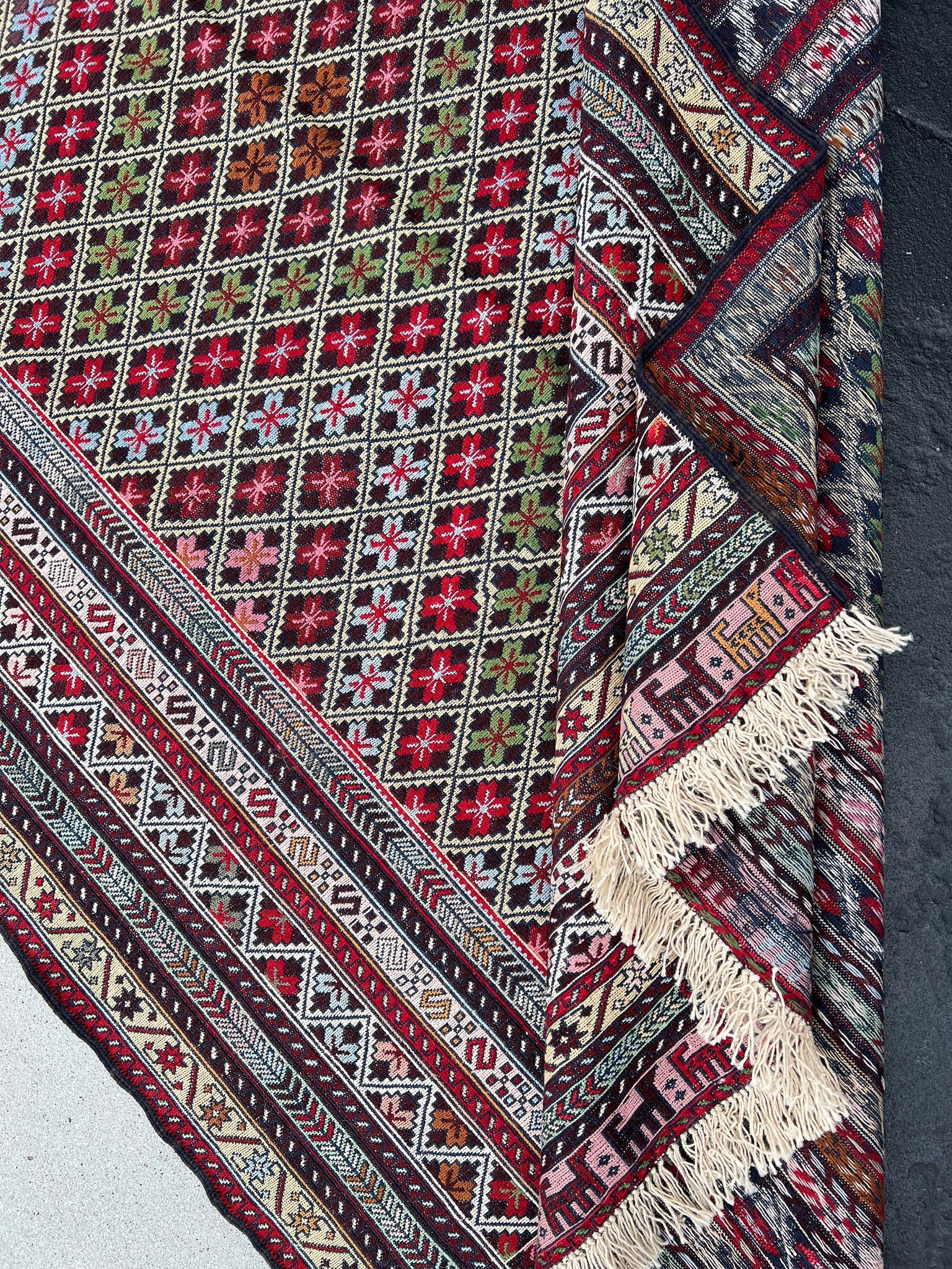 4x7 (120x215) Handmade Vintage Afghan Rug | Garnet Red Light Blue Ivory Olive Orange Cream Beige Salmon Pink Black | Geometric Wool