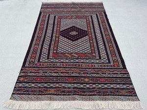 4x7 (120x215) Handmade Vintage Soumak Afghan Rug | Black Ivory Sky Blue Teal Turquoise Olive Lime Peach Garnet Brick Red Taupe | Geometric