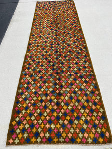 3x10 (90x305) Handmade Vintage Baluch Afghan Runner Rug | Olive Salmon Rose Pink Black Denim Blue Turquoise Orange | Hand Knotted Geometric