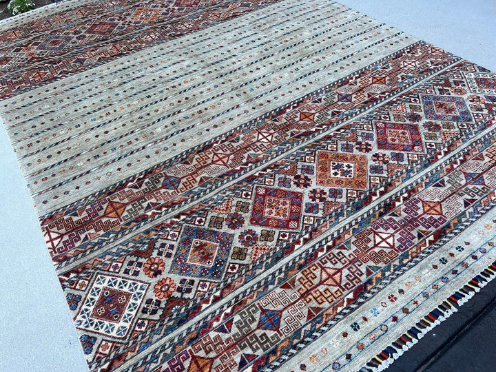 7x10 (213x305) Handmade Afghan Rug | Grey Denim Blue Brick Red Ivory White Orange Chocolate Brown Peach Teal | Wool Hand Knotted