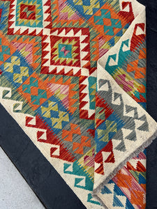 3x6 (90x180) Handmade Afghan Kilim Runner Rug | Cream Beige Orange Brick Blood Red Grey Denim Blue Olive Lime Green Yellow | Geometric Wool