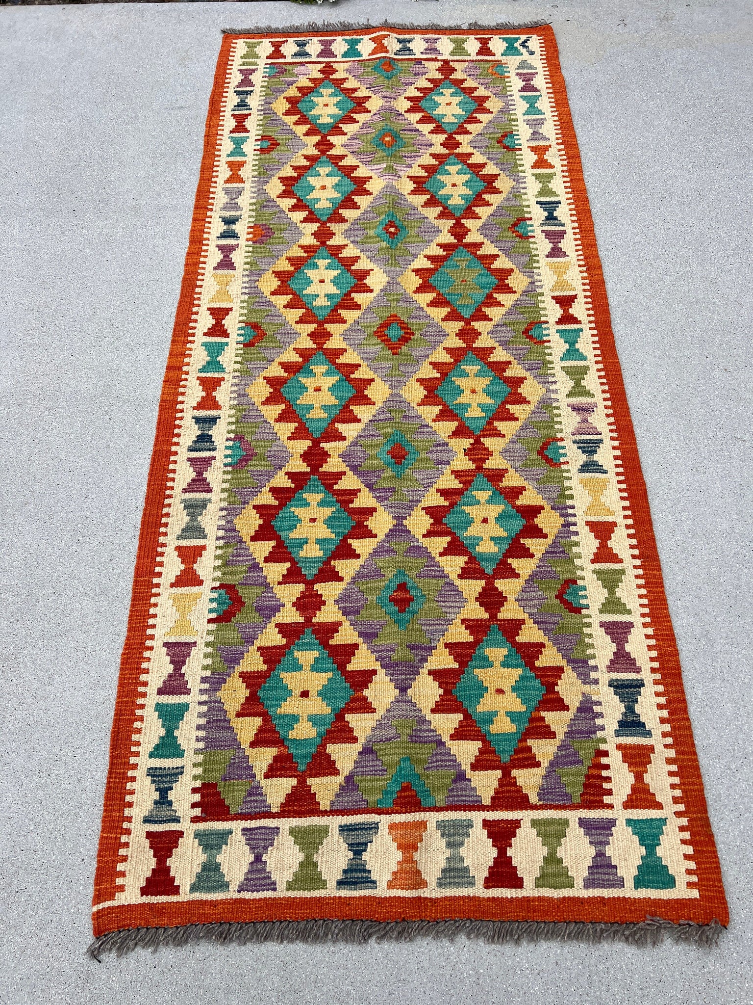 3x7 (100x200) Handmade Afghan Kilim Runner Rug | Burnt Orange Beige Crimson Red Purple Olive Green Teal Cornsilk | Flatweave Persian Wool