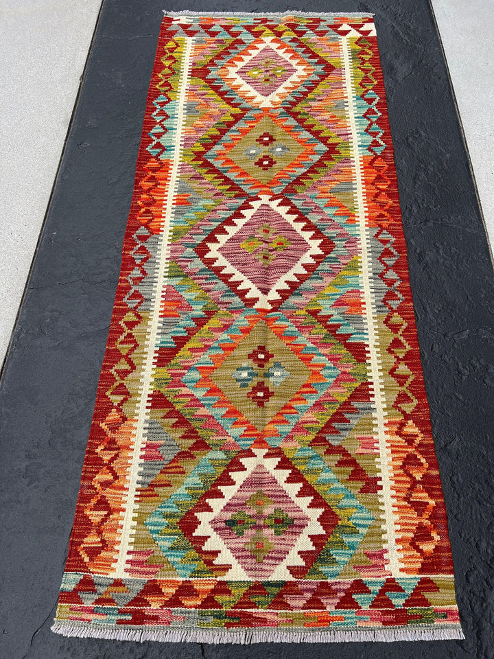 3x7 (100x200) Handmade Afghan Kilim Runner Rug | Crimson Blood Red Burnt Orange Ivory Purple Olive Moss Green Teal Grey | Flatweave Wool