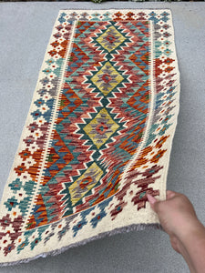 3x5 (91x152) Handmade Afghan Kilim Runner Rug | Cream Forest Green Yellow-Green Maroon Red Ivory Denim Blue Teal Burnt Orange | Wool Outdoor