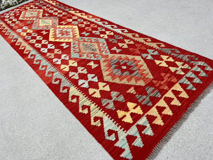 3x8 (91x244) Handmade Afghan Kilim Runner Rug | Blood Crimson Red Cornsilk Yellow Baby Blue Saffron Burnt Orange Mocha Brown Grey | Wool