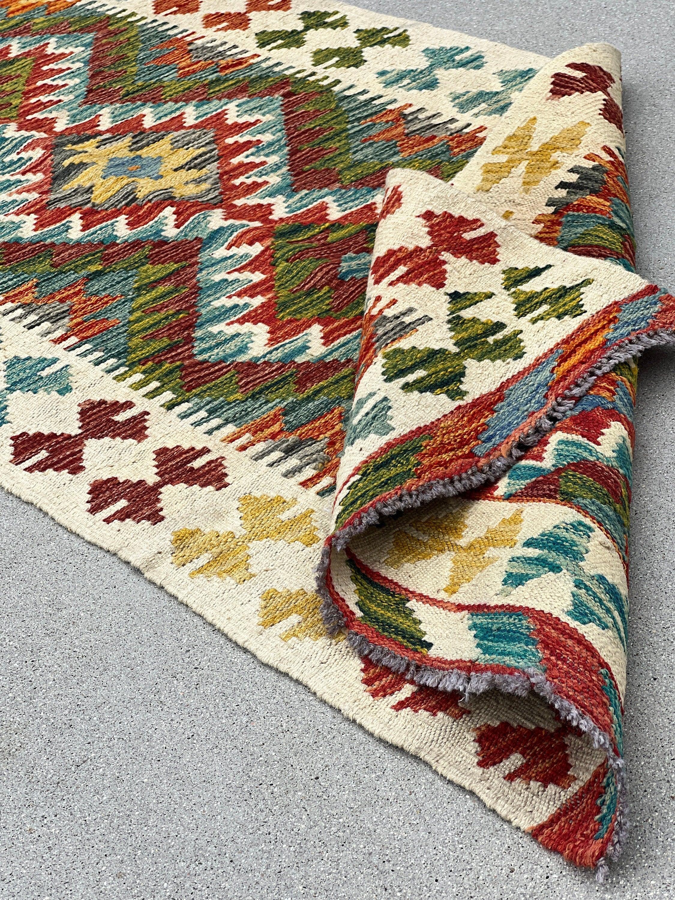 3x7 (91x213) Handmade Afghan Kilim Runner Rug | Cream Forest Green Gold Yellow Denim Blue Ivory Burgundy Maroon Burnt Orange Grey | Wool