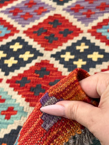 3x7 Handmade Afghan Kilim Runner Rug| Blood Red Burnt Orange Cornsilk Yellow Baby Blue Black Purple Chocolate Brown | Flatweave Wool