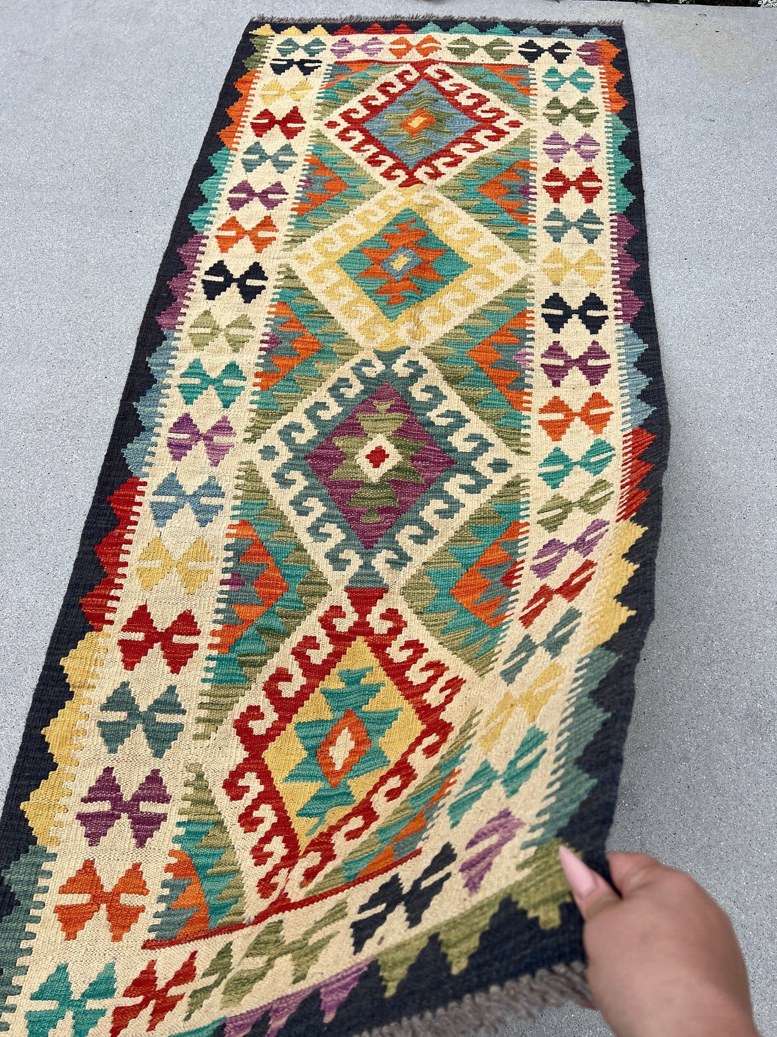3x7 Handmade Afghan Kilim Runner Rug | Navy Denim Blue Cornsilk Yellow Teal Purple Moss Olive Green Burnt Orange | Geometric Wool