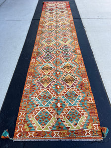 3x13 (90x395) Handmade Afghan Kilim Rug Runner | Burnt Orange Brick Red Teal Ivory Purple Olive Lime Grey | Persian Oushak Hand Knotted Wool