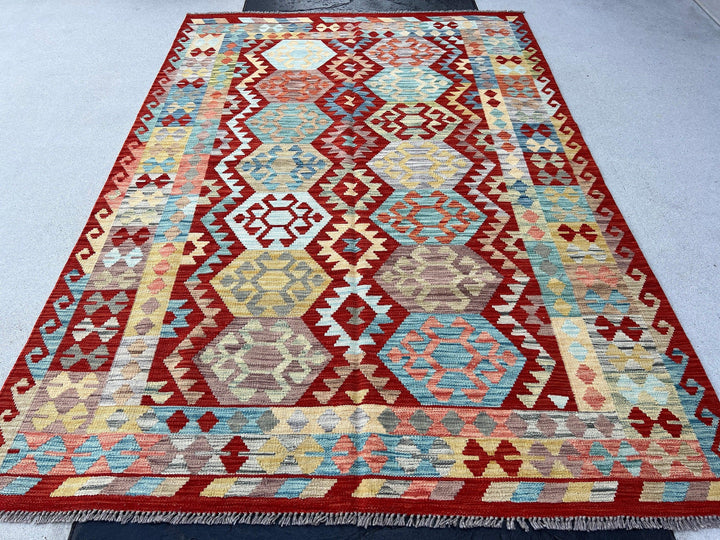 6x8 (180x245) Handmade Afghan Kilim Rug | Brick Red Burnt Orange Teal Turquoise Olive Sky Blue Chocolate Brown Olive Mustard | Persian Wool