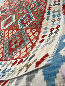7x10 Handmade Afghan Kilim Rug | Cream Beige Blood Orange Teal Sky Blue Tan Grey Ivory Moss Green Mustard Yellow Red | Oushak Wool Persian