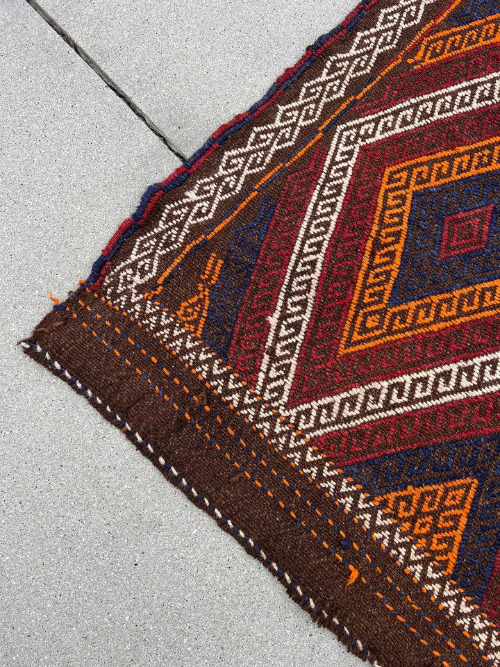 3x10 (90x305) Fair Trade Handmade Afghan Kilim Runner Rug | Chocolate Brown Ivory Orange Midnight Blue Crimson Red | Persian Oushak Wool