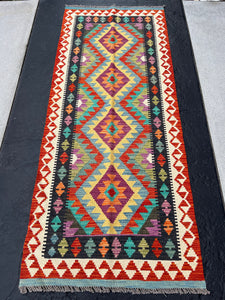 3x7 (100x200) Handmade Afghan Kilim Runner Rug | Brick Red Burnt Orange Denim Blue Cornsilk Mustard Teal Turquoise Olive Ivory | Oushak Wool