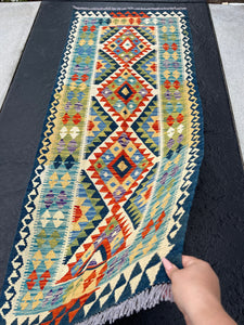 3x7 (100x200) Handmade Afghan Kilim Runner Rug | Midnight Denim Blue Olive Burnt Orange Cream Beige Purple Cornsilk Ivory Teal | Wool