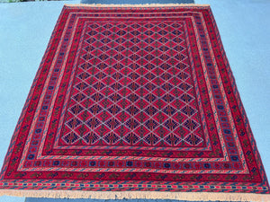 5x6 (150x215) Handmade Vintage Kilim Afghan Rug | Crimson Blood Red Navy Blue Taupe Chocolate Orange Ivory | Hand Knotted Turkish Wool