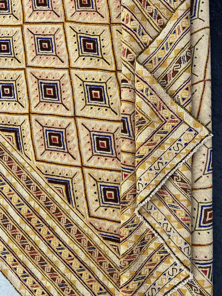5x7 (150x215) Handmade Vintage Kilim Afghan Rug | Cornsilk Taupe Gold Mustard Yellow Crimson Red Navy Blue Cream Beige | Turkish Wool
