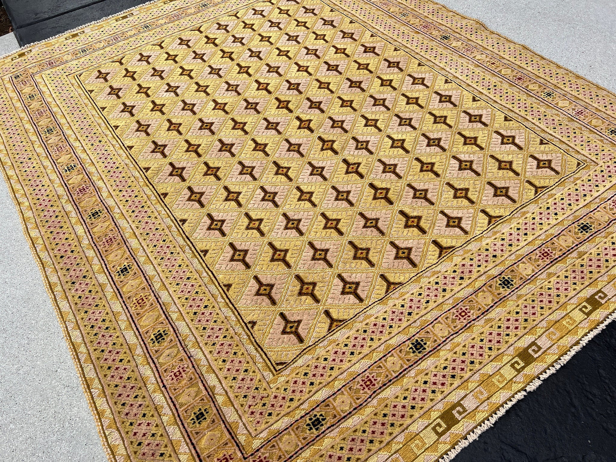 5x6 (150x215) Handmade Vintage Kilim Afghan Rug | Cornsilk Taupe Gold Mustard Yellow Crimson Red Navy Blue Cream Olive Green | Wool
