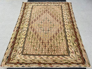 5x6 (150x215) Handmade Afghan Rug | Cream Beige Olive Green Crimson Red Chocolate Brown Black Taupe | Geometric Wool Barjasta Mishwani