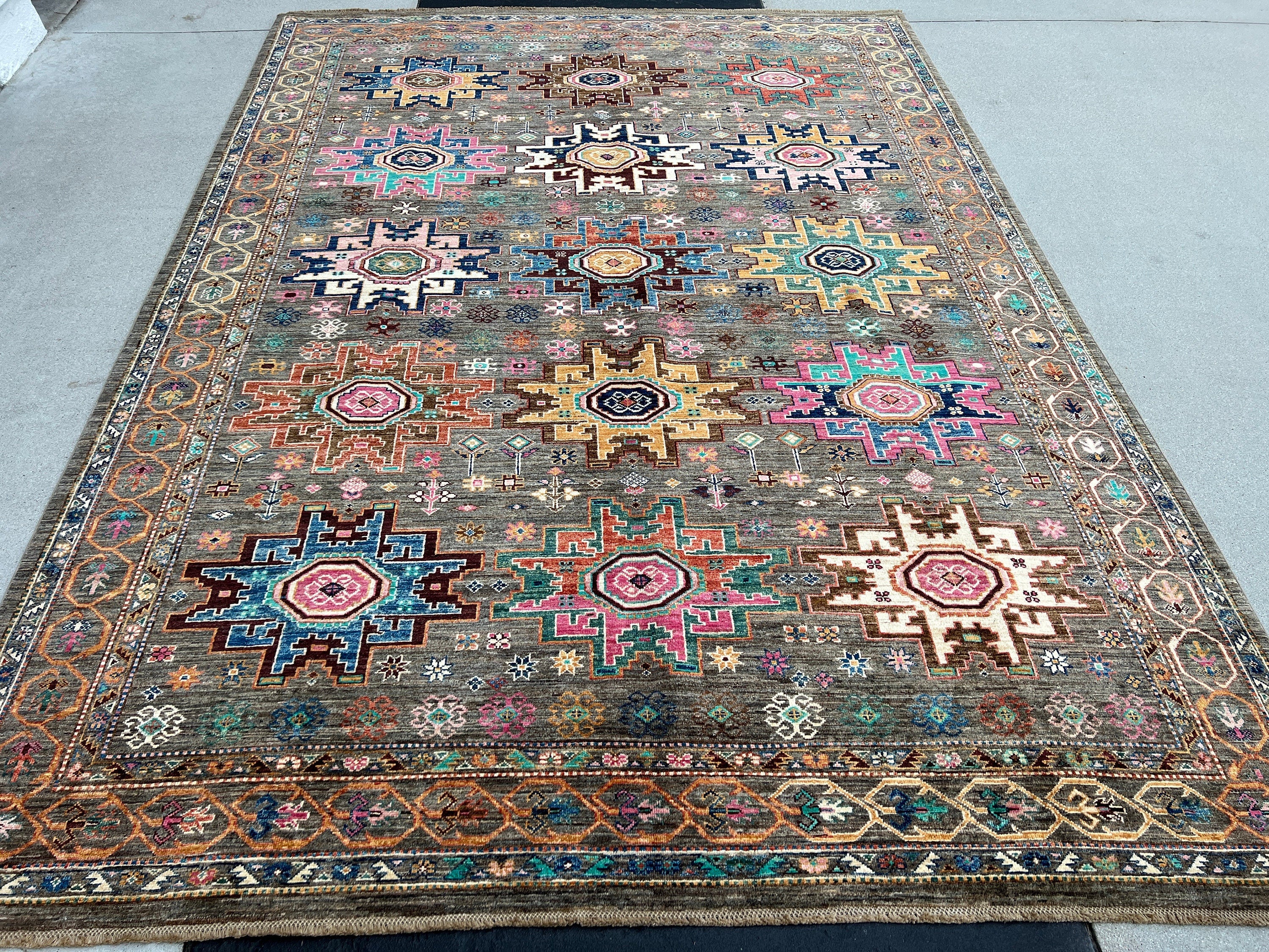 Made to Order 7x10 (215x305) Handmade Afghan Rug | Charcoal Grey Navy Blue Teal Turquoise Caramel Gold Pink Ivory Brown | Wool Hand Knotted