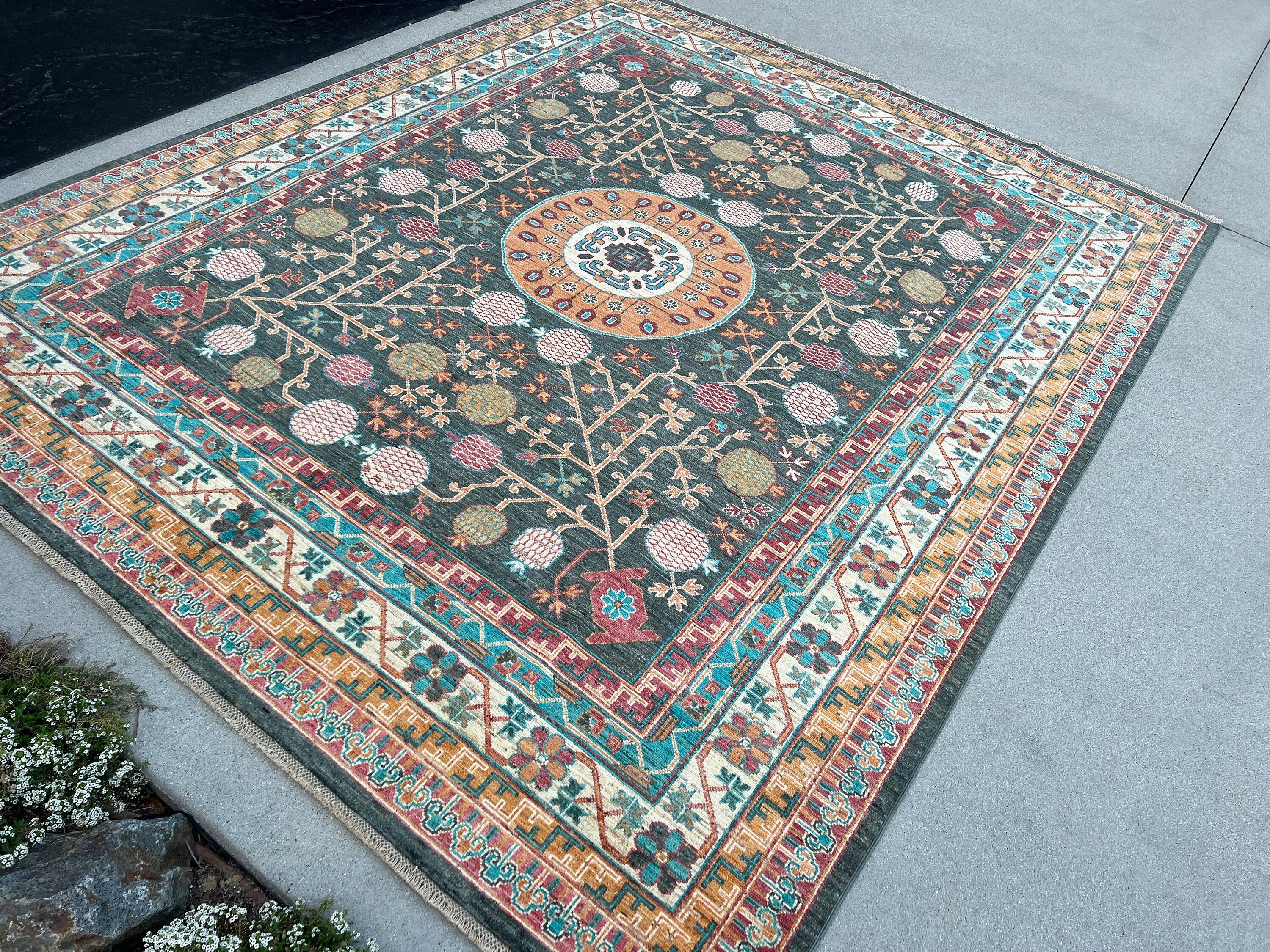 Made to Order 8x10 Handmade Afghan Rug | Charcoal Grey Teal Turquoise Burnt Orange Gold Caramel Brick Red Cream Ivory | Khottan Turkish Wool