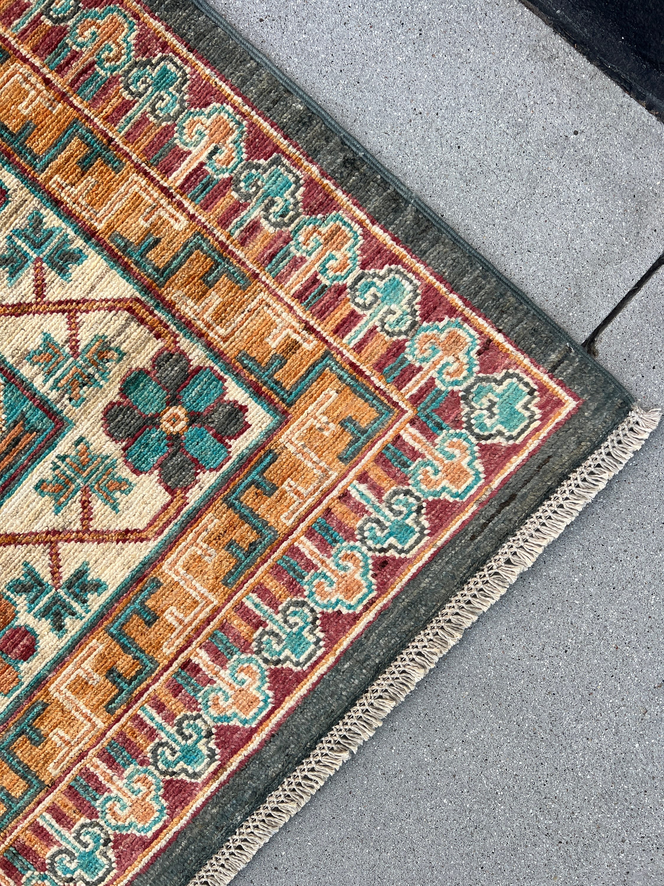 Made to Order 8x10 Handmade Afghan Rug | Charcoal Grey Teal Turquoise Burnt Orange Gold Caramel Brick Red Cream Ivory | Khottan Turkish Wool