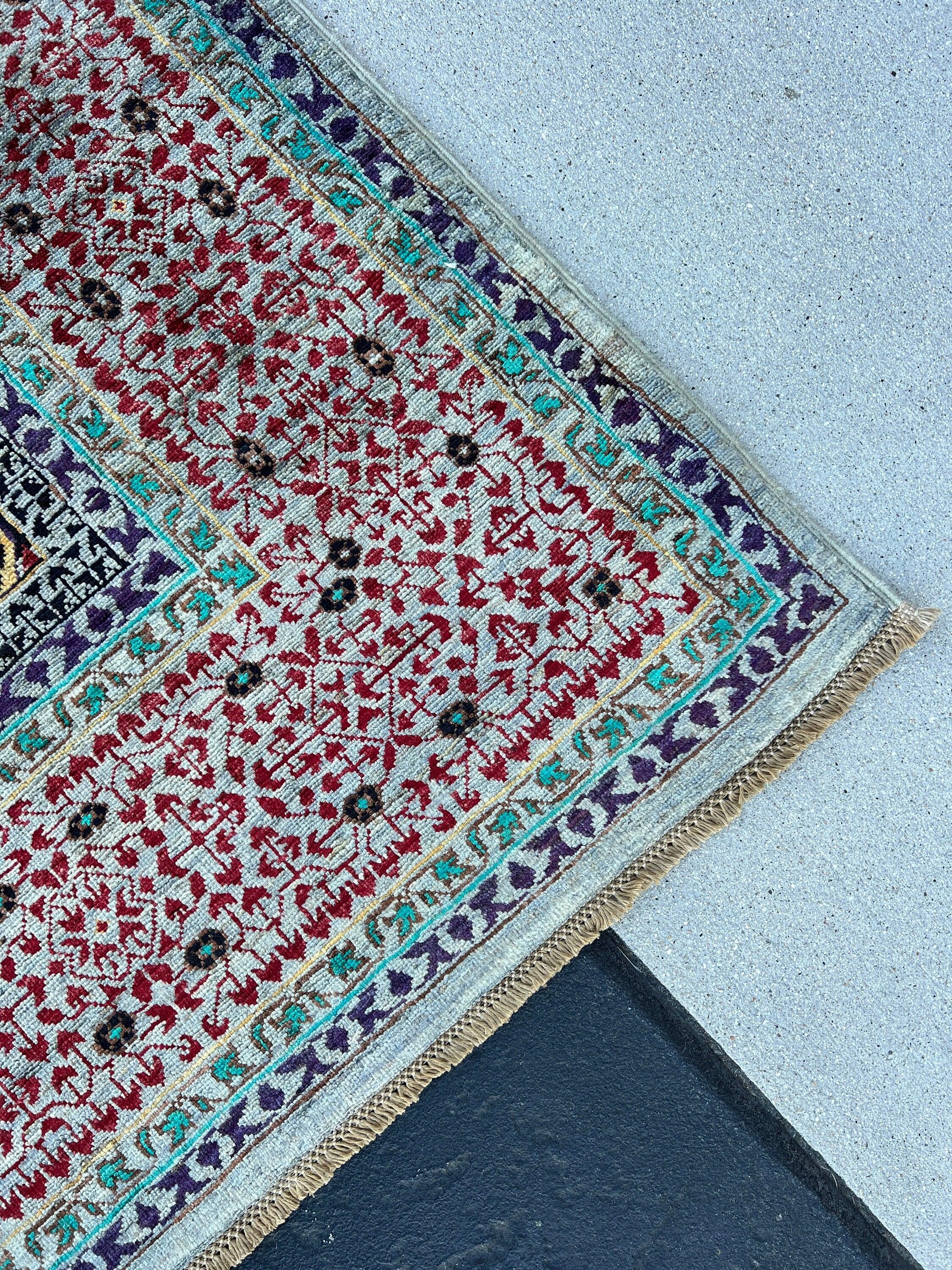 6x8 (180x245) Hand Knotted Afghan Rug | Teal Turquoise Brick Crimson Red Purple Black Cornsilk Cream Beige Chocolate Brown | Flatweave Wool