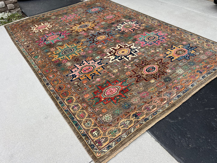 Made to Order 7x10 (215x305) Handmade Afghan Rug | Charcoal Grey Navy Blue Teal Turquoise Caramel Gold Pink Ivory Brown | Wool Hand Knotted