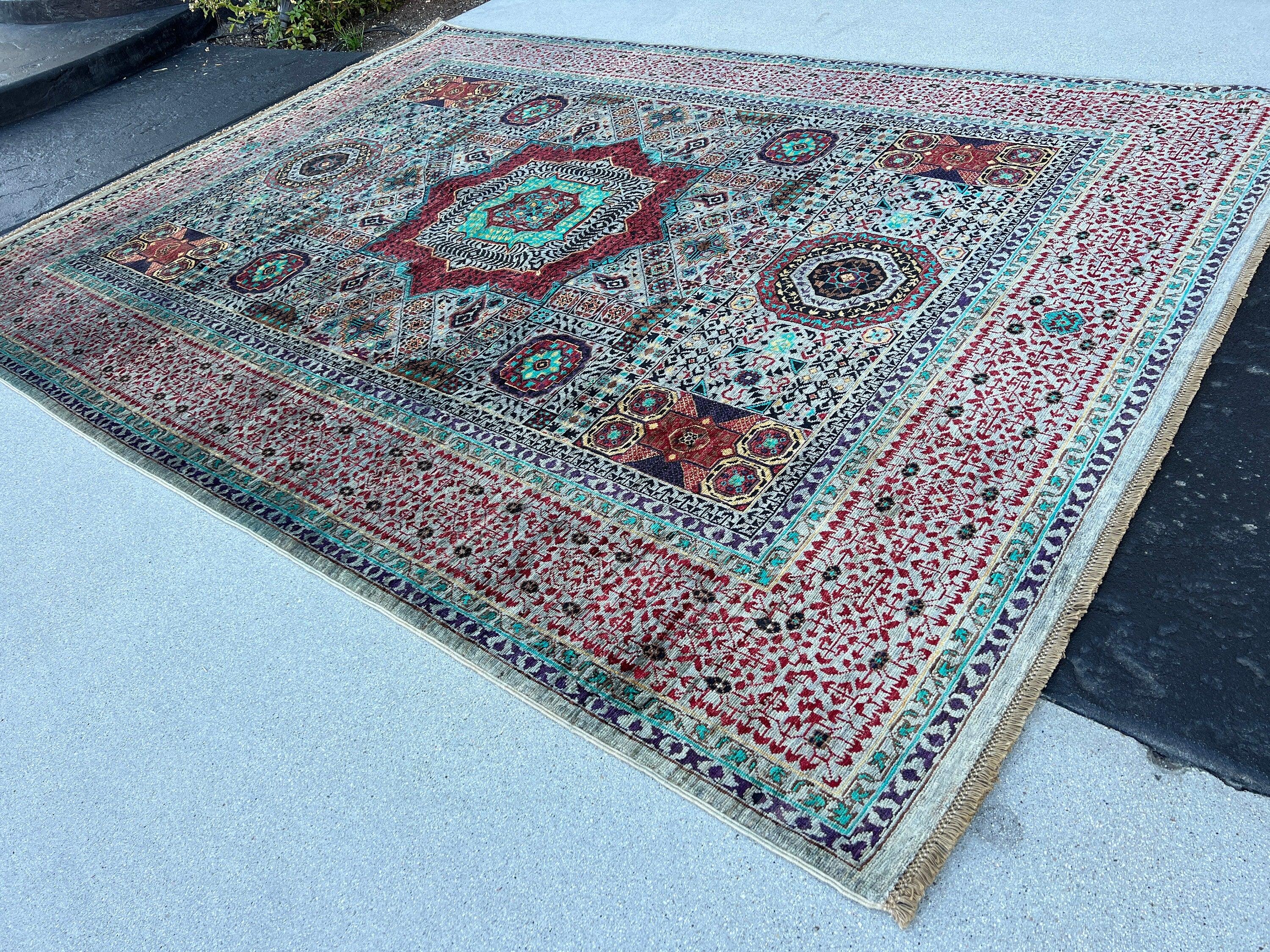 6x8 (180x245) Hand Knotted Afghan Rug | Teal Turquoise Brick Crimson Red Purple Black Cornsilk Cream Beige Chocolate Brown | Flatweave Wool