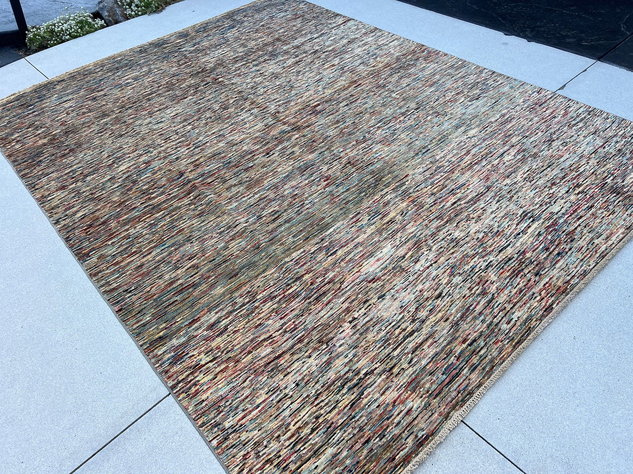 9x11 (270x300) Handmade Afghan Rug | Colorful Teal Brick Red Cream Black Burnt Orange | Wool Abstract Multicolor Striped Hand Knotted