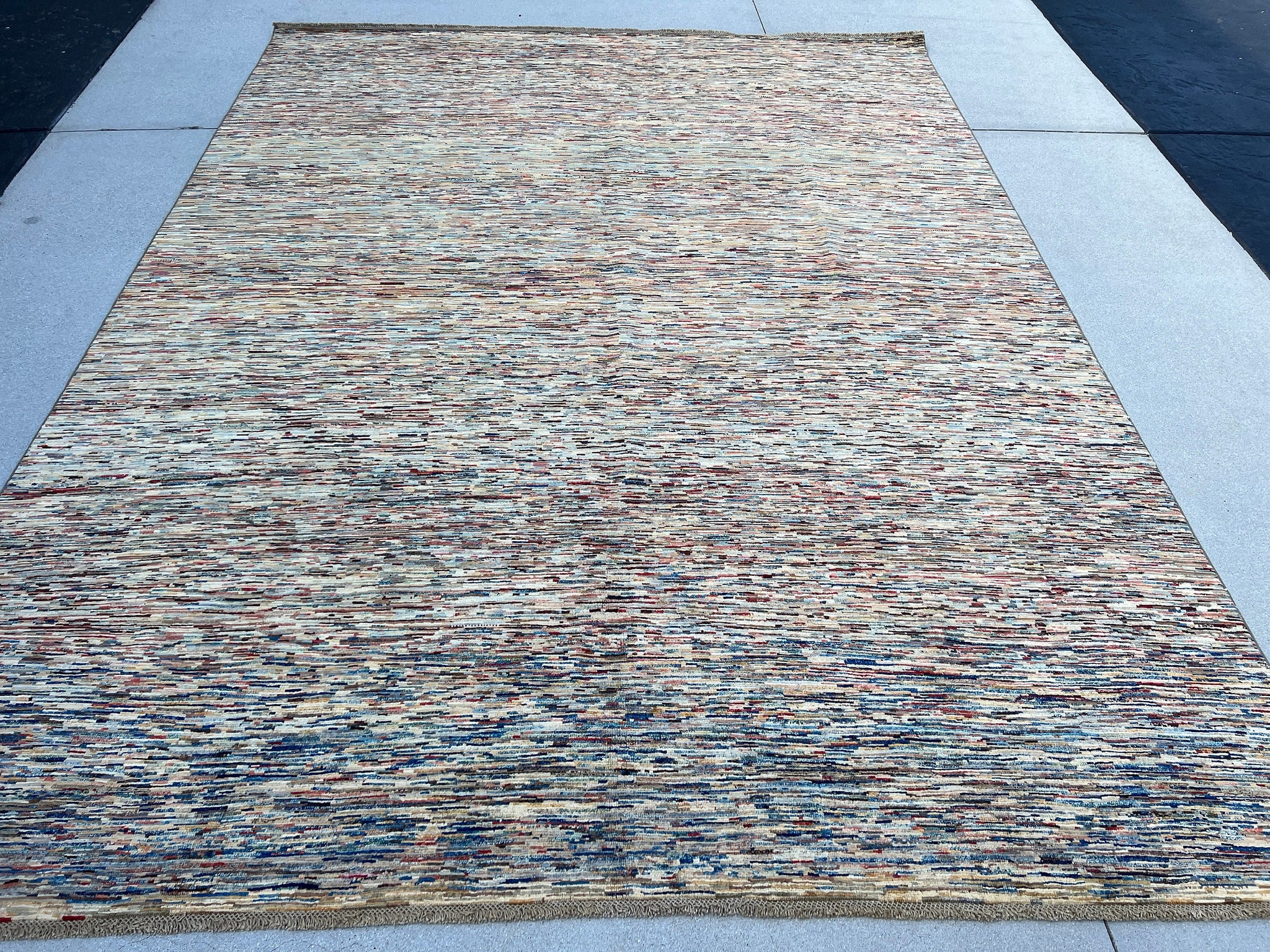 9x11 (270x300) Handmade Afghan Rug | Colorful Teal Brick Red Cream Black Burnt Orange | Wool Abstract Multicolor Striped Hand Knotted