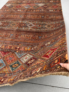 7x10 (215x305) Handmade Afghan Rug | Chocolate Brown Orange Crimson Brick Red Taupe Cream Beige Teal Midnight Blue | Flatweave Floral Wool