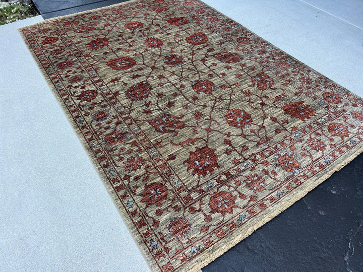 6x8 (180x245) Handmade Afghan Rug | Chocolate Brown Beige Blood Red Grey Black Denim Blue | Turkish Persian Oriental Boho Oushak Wool