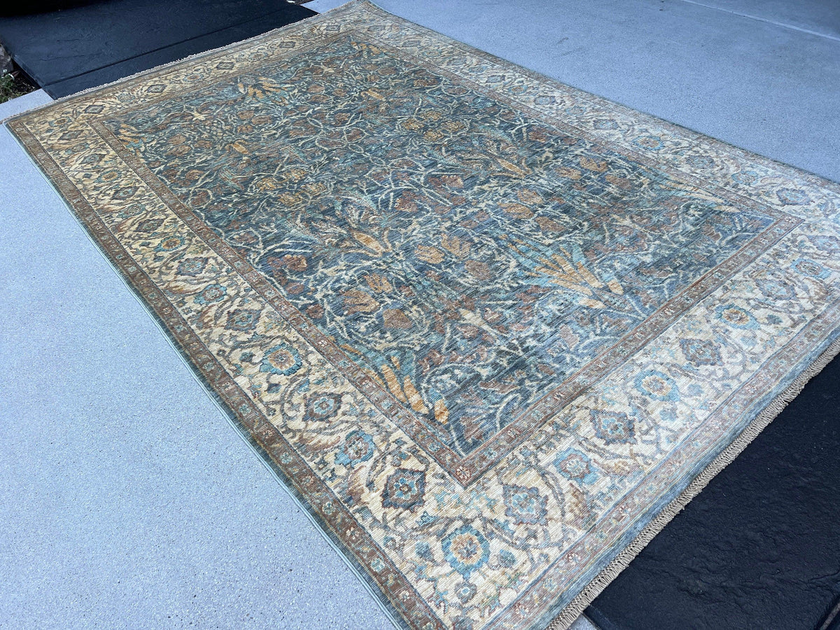 6x8 (180x275) Handmade Afghan Rug | Charcoal Grey Cream Beige Chocolate Light Brown Taupe Teal Tan | Hand Knotted Flatweave Oushak Boho Wool